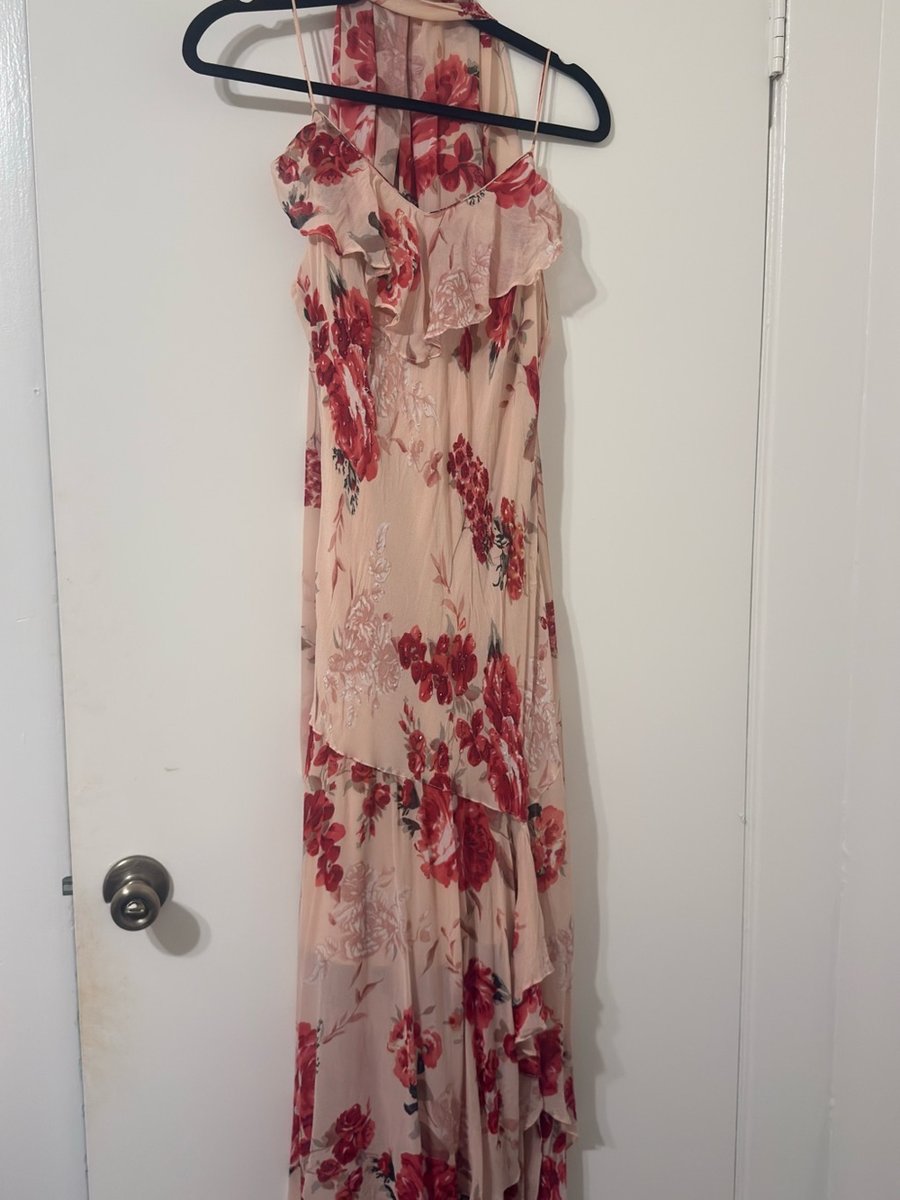 Vintage Floral Midi/ Maxi Dress in Blush and Red with neck scarf and beading